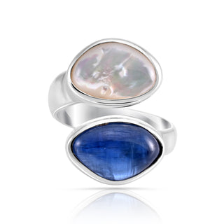 Adjustable Sterling Silver ring with a kyanite cabochon and a fancy-shaped mother-of-pearl cabochon by Gexist®