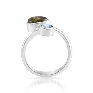Adjustable Sterling Silver ring with cabochon tourmaline and round faceted blue topaz by Gexist®