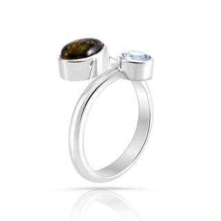 Adjustable Sterling Silver ring with cabochon tourmaline and round faceted blue topaz by Gexist®