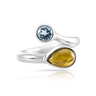 Adjustable Sterling Silver ring with cabochon tourmaline and round faceted blue topaz by Gexist®