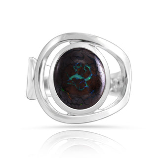 Adjustable Sterling Silver ring with fancy-shaped boulder opal cabochon by Gexist®