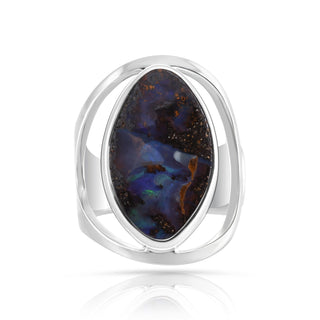Adjustable Sterling Silver ring with fancy-shaped boulder opal cabochon by Gexist®