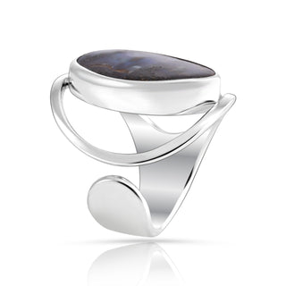 Adjustable Sterling Silver ring with fancy-shaped boulder opal cabochon by Gexist®