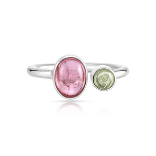 Adjustable Sterling Silver ring with oval tourmaline cabochon and round tourmaline cabochon by Gexist®