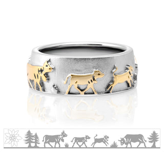 Bicolor Sterling Silver Ring with Calves, Cows, Fir Trees and Edelweiss by Gexist®