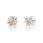 Bicolor rhodium-plated Sterling silver and yellow gold mini stud earrings featuring Edelweiss by Gexist®