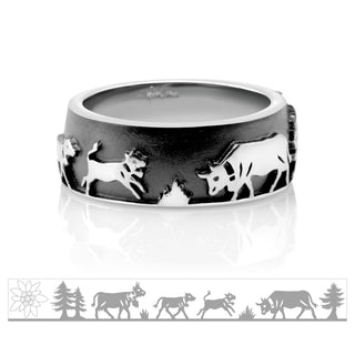 Black Rhodium Sterling Silver Ring with Cows, Calves, Fir trees, Edelweiss by Gexist®