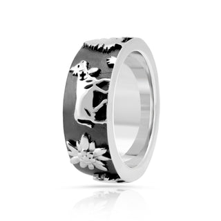 Black Rhodium Sterling Silver Ring with Matterhorn, Fir trees, Cows, Edelweiss by Gexist®