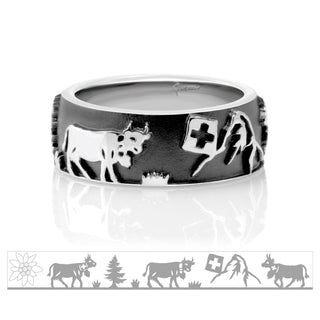 Black Rhodium Sterling Silver Ring with Matterhorn, Fir trees, Cows, Edelweiss by Gexist®