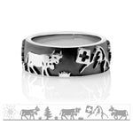 Black Rhodium Sterling Silver Ring with Matterhorn, Fir trees, Cows, Edelweiss by Gexist®