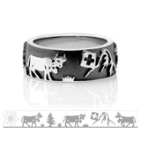 Black Rhodium Sterling Silver Ring with Matterhorn, Fir trees, Cows, Edelweiss by Gexist®