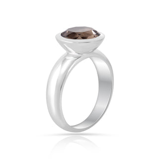 Rhodium-plated Sterling Silver Ring with round faceted smoky quartz by Gexist®