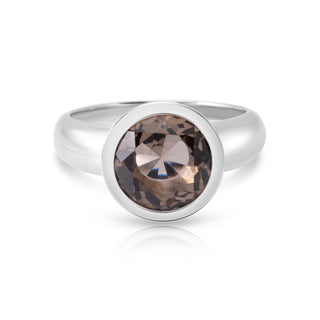 Rhodium-plated Sterling Silver Ring with round faceted smoky quartz by Gexist®