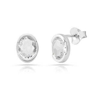 Rhodium-plated Sterling Silver Stud Earrings with faceted oval quartz crystal by Gexist®