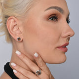 Rhodium-plated Sterling Silver Stud Earrings with round faceted smoky quartz stone by Gexist®