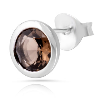 Rhodium-plated Sterling Silver Stud Earrings with round faceted smoky quartz stone by Gexist®