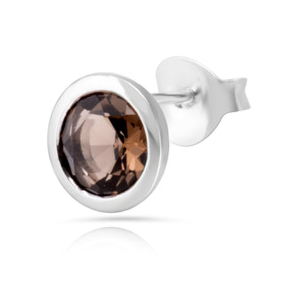 Rhodium-plated Sterling Silver Stud Earrings with round faceted smoky quartz stone by Gexist®