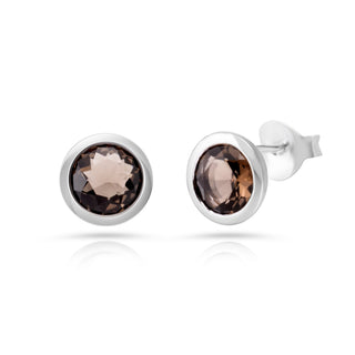 Rhodium-plated Sterling Silver Stud Earrings with round faceted smoky quartz stone by Gexist®