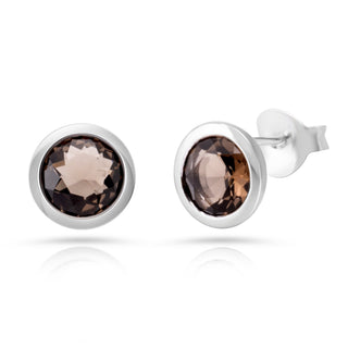 Rhodium-plated Sterling Silver Stud Earrings with round faceted smoky quartz stone by Gexist®