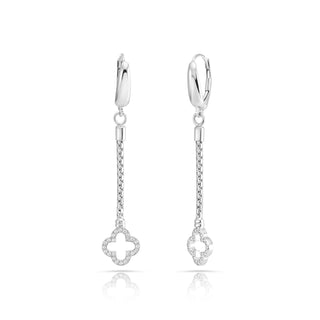 Rhodium-plated Sterling Silver earrings, braided chain with clover-shaped end piece set with white zircons by Gexist®