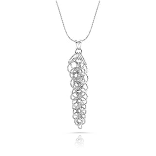 Rhodium-plated Sterling Silver necklace with a long, thin twisted chain and an elongated tree pendant with multiple diamond-cut rings by Gexist®