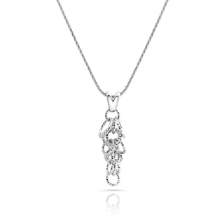 Rhodium-plated Sterling Silver necklace with fine twisted chain, elongated tree pendant, multi-rings with diamond finish by Gexist®