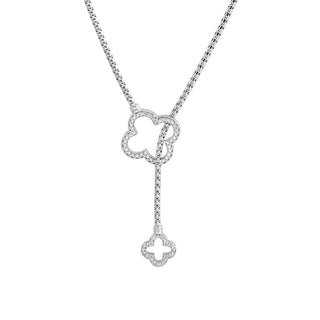 Rhodium-plated Sterling Silver tie necklace, braided chain with clover end pieces in different sizes set with white zircons by Gexist®