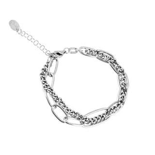 Rhodium-plated Sterling silver bracelet with intertwined oval links of different sizes and a gourmet chain link by Gexist®