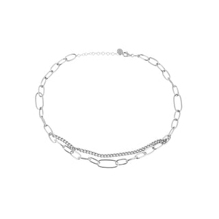 Rhodium-plated Sterling silver necklace with intertwined oval links of different sizes and a gourmet chain link by Gexist®