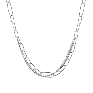 Rhodium-plated Sterling silver necklace with intertwined oval links of different sizes and a gourmet chain link by Gexist®