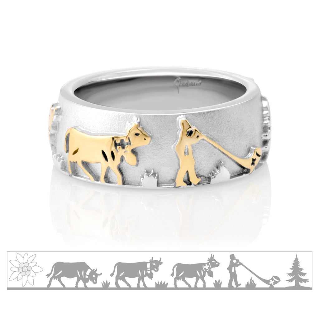 Ring in Bicolor Sterling Silver with Alpine Horn, Cows, Edelweiss, Fir ...