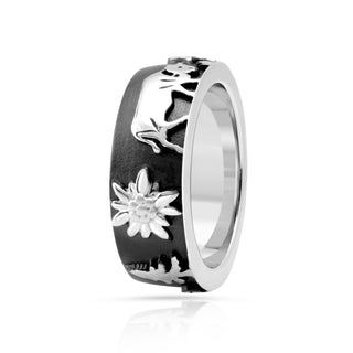 Ring in Black Rhodium Sterling Silver with Fir Trees, Alpine Horn, Cows and Edelweiss by Gexist®