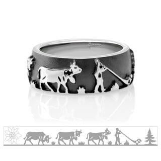 Ring in Black Rhodium Sterling Silver with Fir Trees, Alpine Horn, Cows and Edelweiss by Gexist®