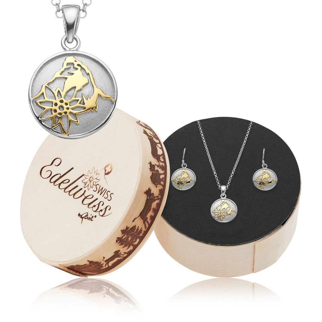 Set of Necklace and Earrings in Bicolor Sterling Silver with Matterhorn and Edelweiss pattern by Gexist®