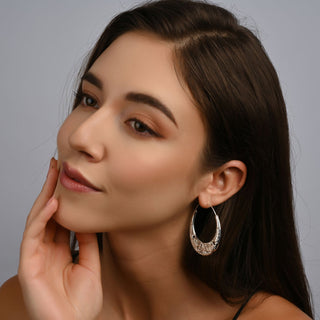 Sterling Silver Cambered Creole Earrings with Flower Filigree by Gexist®