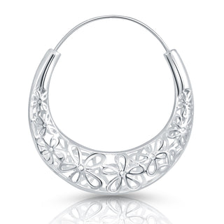 Sterling Silver Cambered Creole Earrings with Flower Filigree by Gexist®
