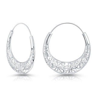 Sterling Silver Cambered Creole Earrings with Flower Filigree by Gexist®
