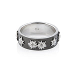 Sterling Silver Ring with Edelweiss on Flat Profile, Satin Finish and Black Rhodium by Gexist®