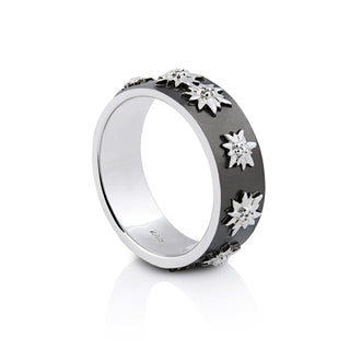 Sterling Silver Ring with Edelweiss on Flat Profile, Satin Finish and Black Rhodium by Gexist®