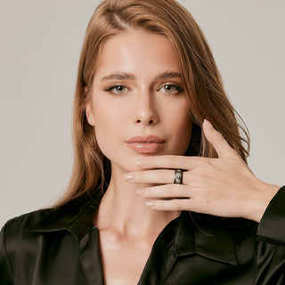 Sterling Silver Ring with Edelweiss on Half Moon Profile, Black Rhodium and Satin Finish by Gexist®