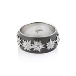 Sterling Silver Ring with Edelweiss on Half Moon Profile, Black Rhodium and Satin Finish by Gexist®