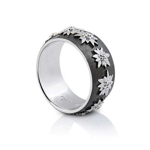Sterling Silver Ring with Edelweiss on Half Moon Profile, Black Rhodium and Satin Finish by Gexist®