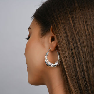 Sterling Silver Round Creole Earrings with Flower Filigree by Gexist®