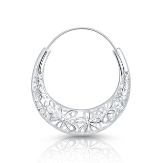 Sterling Silver Round Creole Earrings with Flower Filigree by Gexist®