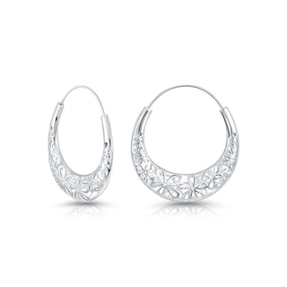 Sterling Silver Round Creole Earrings with Flower Filigree by Gexist®