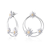 Sterling Silver Stud Earrings with three Bicolor satin Edelweiss on two shiny asymmetrical Hoops by Gexist®