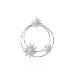 Sterling Silver Stud Earrings with three Bicolor satin Edelweiss on two shiny asymmetrical Hoops by Gexist®