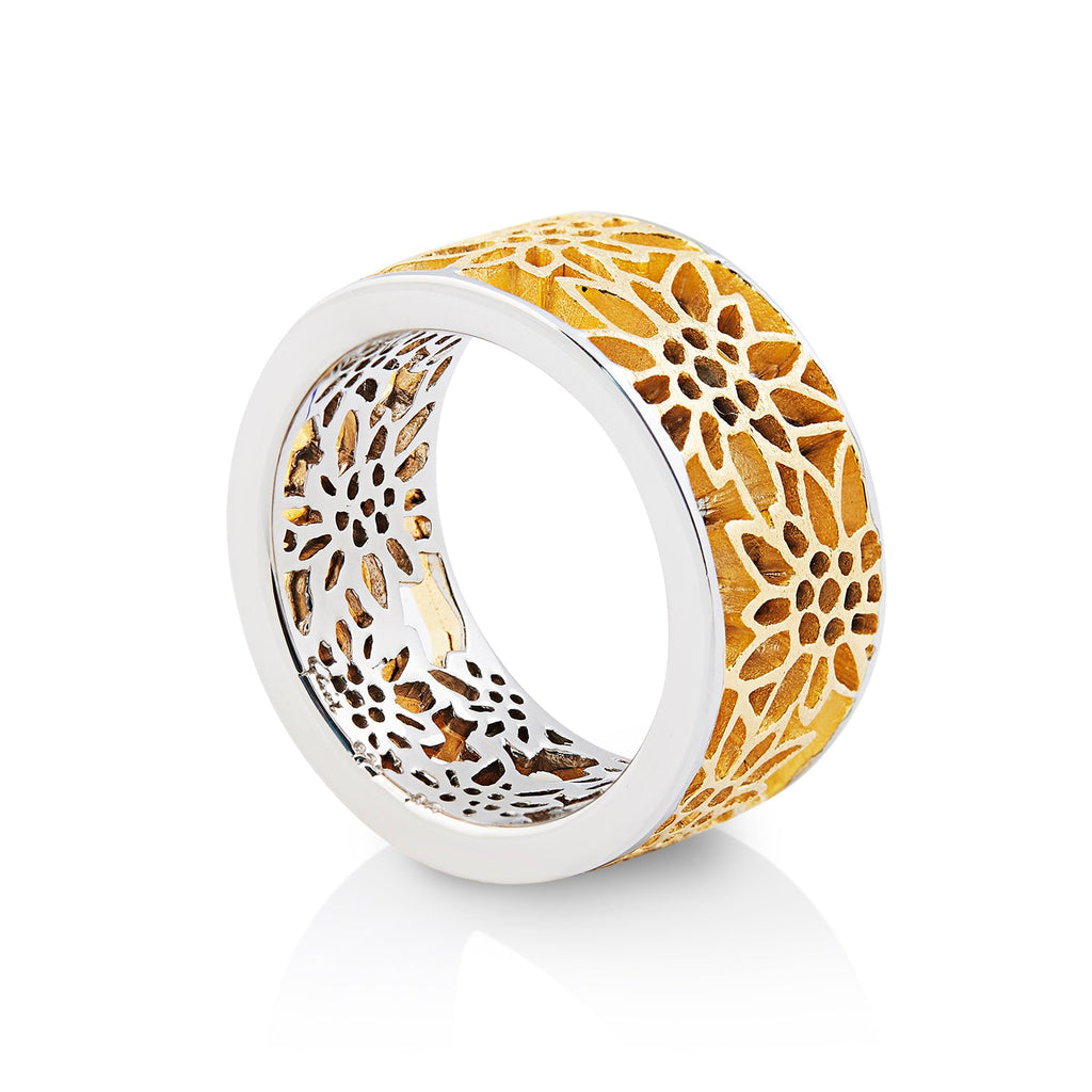Sterling Silver Wide Ring With Edelweiss Filigree Bicolor by Gexist®