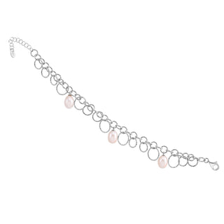 Sterling Silver bracelet with a shiny, diamond-cut finish, multiple round rings of different sizes, and teardrop-shaped freshwater pearls by Gexist®