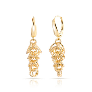 Sterling Silver earrings plated with yellow gold in an elongated tree shape, with multiple rings and a shiny, diamond-cut finish by Gexist®